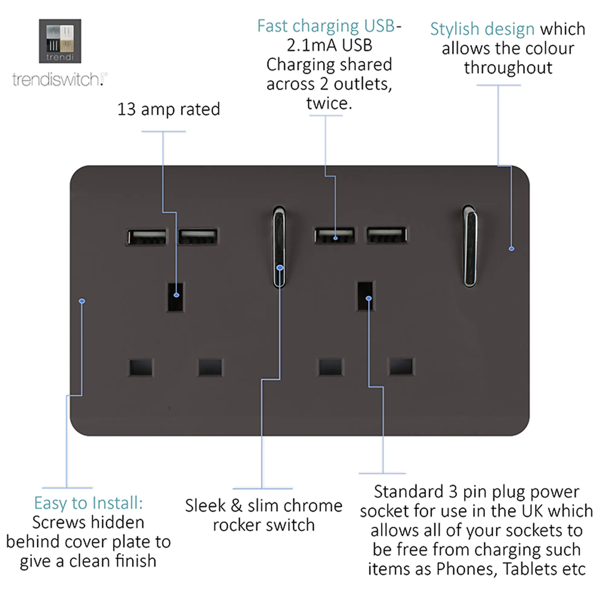 2 Gang 13Amp Switched Double Socket With 4X 2.1Mah USB Dark Brown ART-SKT213USBDB  Trendi Dark Brown